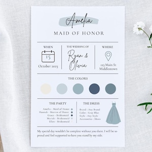 May include: A Maid of Honor card with a light blue and white color scheme. The card includes the name Amelia, the date October 15, 2023, the names Ryan and Olivia, and the location 123 Main St, Middletown. The card also includes a list of the bridal party members and the dress code for the wedding.
