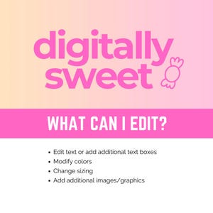 May include: A pink and white graphic with the words "digitally sweet" and a candy icon. Below, the text "WHAT CAN I EDIT?" is displayed. Bullet points list options: edit text, modify colors, change sizing, and add images.