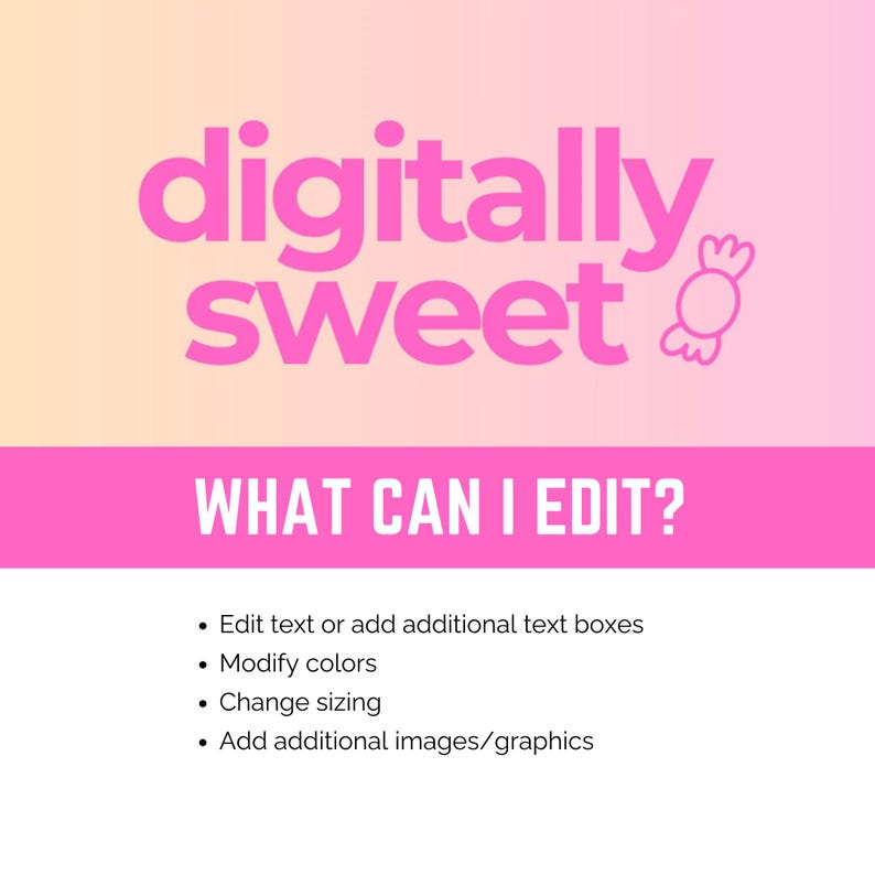 May include: A pink and white graphic with the words "digitally sweet" and a candy icon. Below, the text "WHAT CAN I EDIT?" is displayed. Bullet points list options: edit text, modify colors, change sizing, and add images.