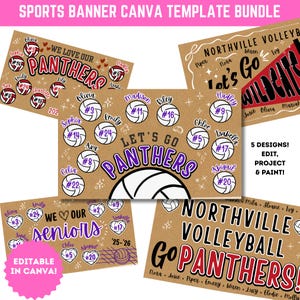 May include: A bundle of five sports banner Canva templates. The banners feature volleyball designs with team names, player names, and numbers. The color scheme includes brown, purple, red, and white. Text includes "Let's Go Panthers" and "Northville Volleyball".