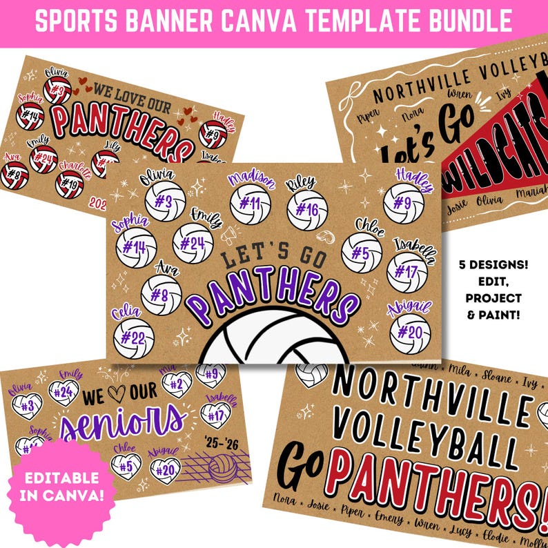 May include: A bundle of five sports banner Canva templates. The banners feature volleyball designs with team names, player names, and numbers. The color scheme includes brown, purple, red, and white. Text includes "Let's Go Panthers" and "Northville Volleyball".