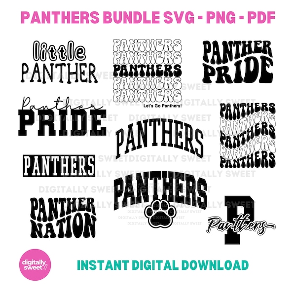 Panthers SVG PNG PDF - Paquete de archivos de corte de imágenes prediseñadas - Diseños de mascotas de la escuela de deportes de otoño 10 opciones de diseño únicas para Panther Apparel y más