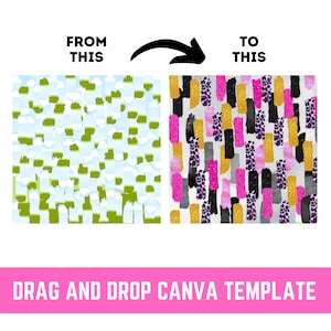 Könnte beinhalten: Eine digitale Designvorlage, die ein Vorher-Nachher-Bild eines Musters zeigt. Das Vorher-Bild ist ein grün-weißes kariertes Muster mit weißen Wolken. Das Nachher-Bild ist ein farbenfrohes abstraktes Muster mit rosa, goldenen, schwarzen und violetten Pinselstrichen.