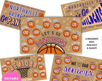 May include: A bundle of sports banner Canva templates with basketball themes. Designs include "Northville Basketball", "Let's Go Panthers", and "We Love Our Seniors". Each banner features basketballs, player names, and team colors.