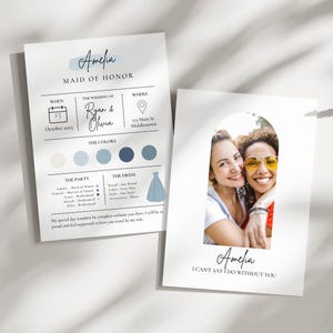 Cartão de informações para madrinhas editável modelo Canva vestidos azuis frente e verso tema anúncio você será meu cartão de informações de madrinha