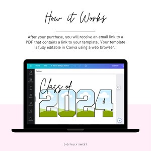 May include: A laptop screen displaying a Canva design template for a Class of 2024 graduation banner. The design features a blue sky with white clouds and green hills behind the numbers 2024. The text "Class of" is written in cursive above the numbers.