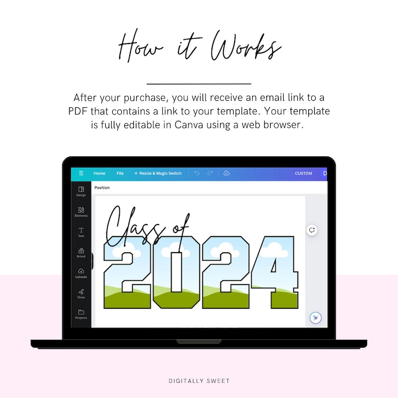 May include: A laptop screen displaying a Canva design template for a Class of 2024 graduation banner. The design features a blue sky with white clouds and green hills behind the numbers 2024. The text "Class of" is written in cursive above the numbers.