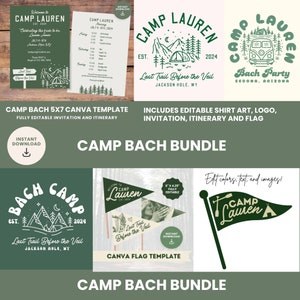 May include: A green and white printable camp bachelorette party bundle with editable elements. The bundle includes a 5x7 invitation, itinerary, flag, and shirt art. The text on the image reads "Camp Bach Bundle", "Camp Lauren", "Last Trail Before the Veil", "Jackson Hole, WY", "Bach Party", "Sedona, Arizona", "Est. 2024", and "Instant Download".