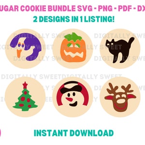 May include: A set of six digital cookie cutter designs for Halloween and Christmas. The designs include a ghost, pumpkin, cat, Christmas tree, snowman, and reindeer. The designs are in SVG, PNG, PDF, and DXF formats.  "2 Designs in 1 Listing!" is written in the image.