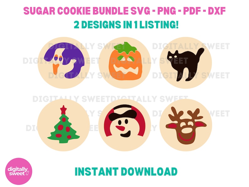 May include: A set of six digital cookie cutter designs for Halloween and Christmas. The designs include a ghost, pumpkin, cat, Christmas tree, snowman, and reindeer. The designs are in SVG, PNG, PDF, and DXF formats.  "2 Designs in 1 Listing!" is written in the image.