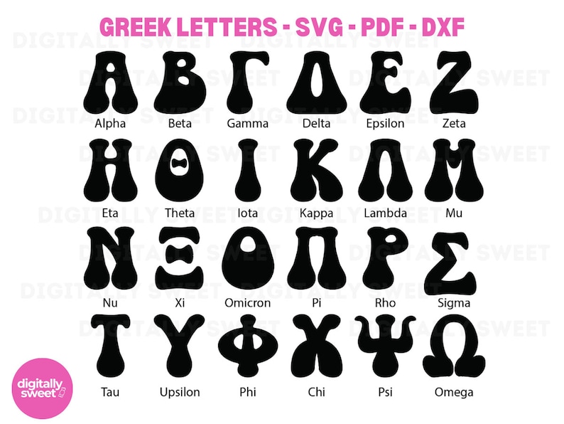 May include: A set of 24 black and white Greek letter alphabet stencils. The letters are in a retro, groovy style. The letters are labeled with their names in black text below each letter.