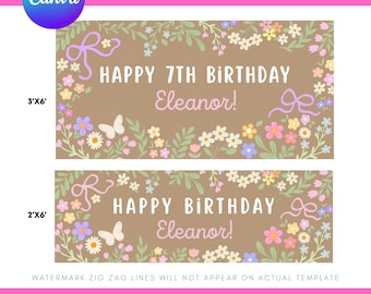 Happy Birthday Banner Floral Template: Editable Canva 2x6 3x6 Sizes Digital Download