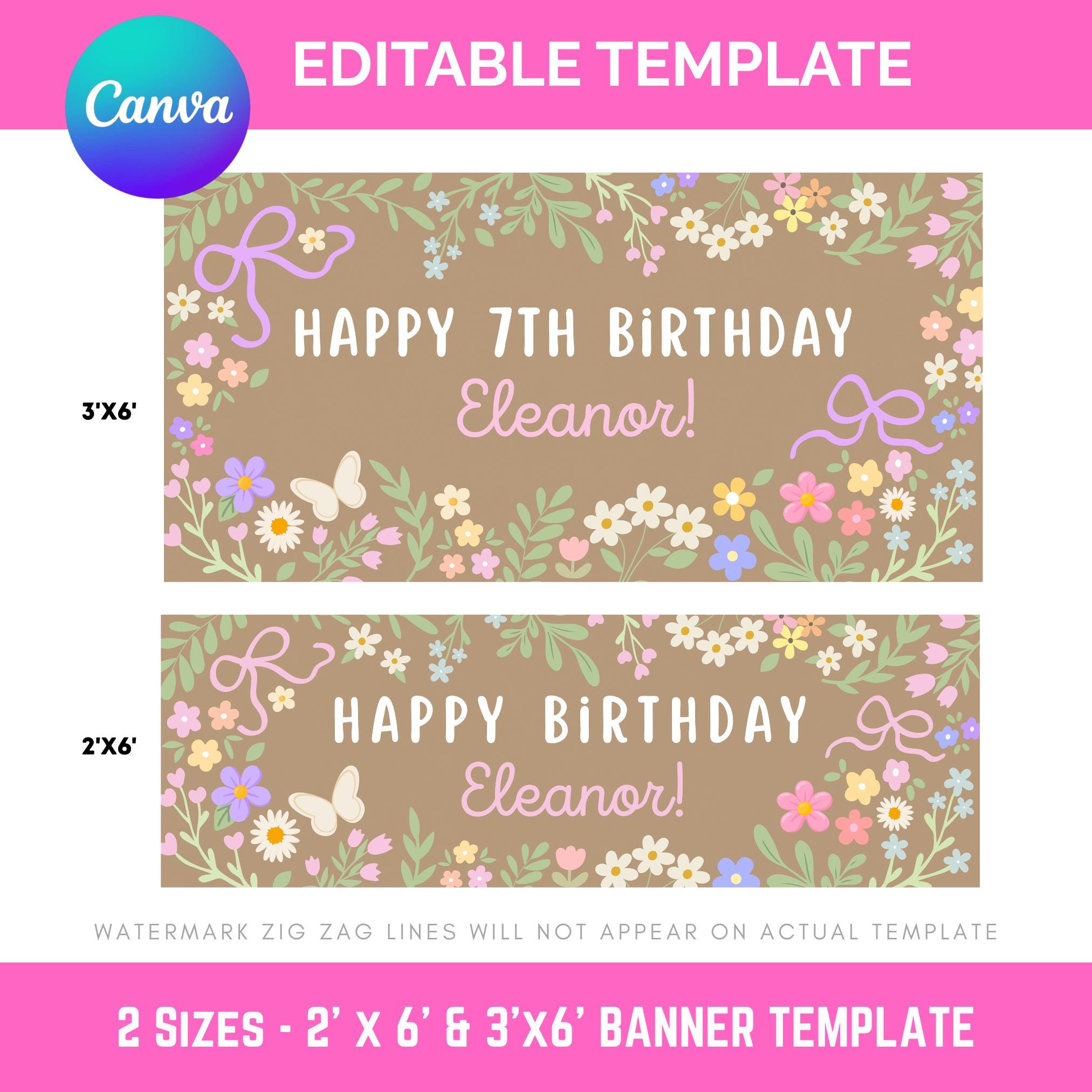 Happy Birthday Banner Floral Template: Editable Canva 2x6 3x6 Sizes