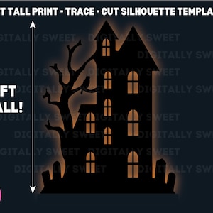 Plantilla PDF imprimible de trazado y corte de casa embrujada de 6 pies de altura - Decoración de Halloween - Exhibición de Halloween DIY de cartón de madera de 6 pies de alto