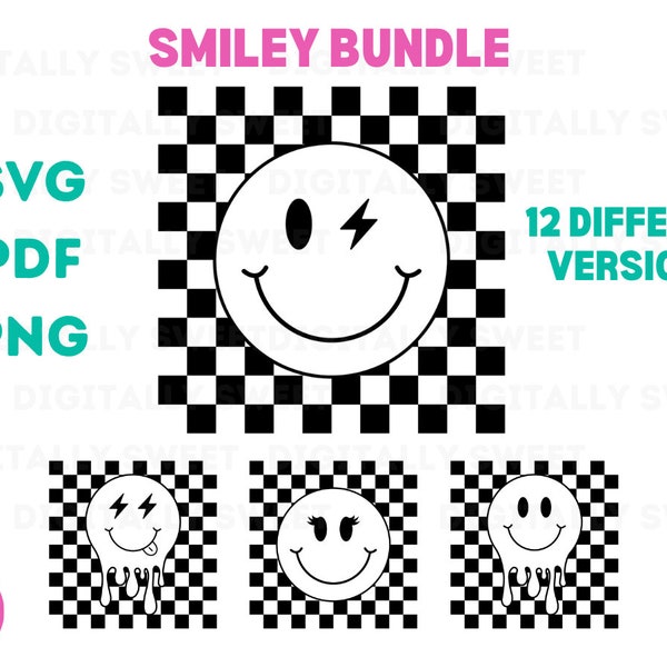 Smiley Face Cut File Bundle Checkered Smiley Face Cut Files Lightning Bolt SVG Checker board PDF Clipart Design Smiling Shirt Art Bundles