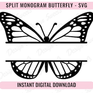 Split Monogramm Schmetterling Cricut geschnitten Datei SVG PNG detaillierte Frühling Zeit Flügel Muttertag Clipart Monarch Umriss Mädchen Namensschild