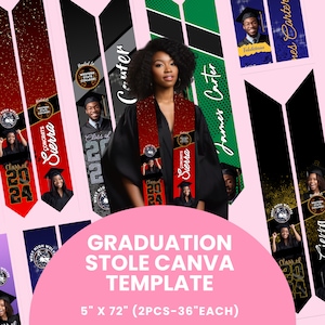 Può includere: Modello di stola di laurea Canva con un design nero e rosso, con un motivo a stella dorata e il testo "Class of 2024" e "Congrats Sierra". Il modello misura 5 pollici per 72 pollici ed è composto da due pezzi, ciascuno lungo 36 pollici.
