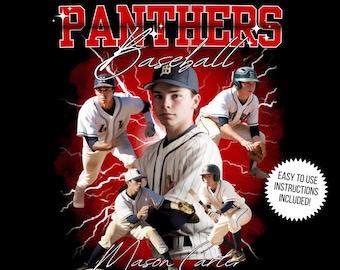 Puede incluir: Plantilla Canva editable para un equipo de béisbol con el nombre del equipo "Panthers" y el nombre del jugador "Mason Carter" en texto rojo. La plantilla presenta un collage de cuatro jugadores de béisbol en acción sobre un fondo rojo y negro con rayos.