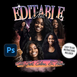 May include: Editable graphic design template featuring four images of women with black hair. The template has a pink and orange sunset background with lightning bolts and the text "EDITABLE Text" in a retro style font. The text "Edit Text, Colors, & Photos" is written in a handwritten style font. The text "EASY TO USE INSTRUCTIONS INCLUDED!" is in a white circle with a black starburst.