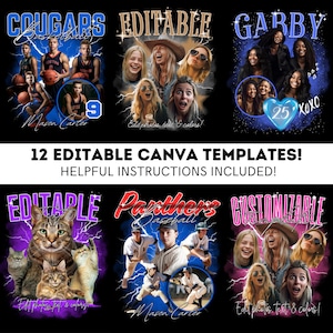 以下が含まれることがあります： カスタムTシャツを作成するための、編集可能なCanvaテンプレートが12個あります。テンプレートには、スポーツチーム、動物、人など、さまざまなデザインが用意されています。テンプレートのテキストには、「Editable」、「Cougar Basketball」、「Garby」、「Panthers Baseball」、「Customizable」と表示されています。