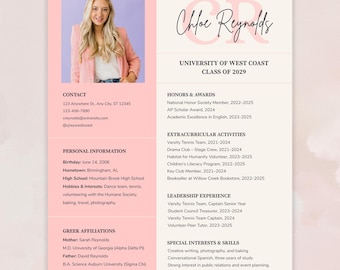 Plantilla editable de Canva para currículum y carta de presentación de hermandad, paquete de reclutamiento rosa marfil con foto, paquete de documentos "Greek Life Rush"