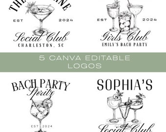 Könnte beinhalten: Fünf schwarz-weiße Illustrationen von Cocktailgläsern mit Textüberlagerungen. Die Illustrationen sind für Junggesellinnenabschied-Sozialclubs. Der Text beinhaltet "The Madeline Social Club Charleston, SC", "Savannah Girls Club Emily's Bach Party", "Bach Party Spritz Emily's Last Sip Savannah GA", "Sophia's Social Club Nashville, TN", und "5 Canva Editable Logos".