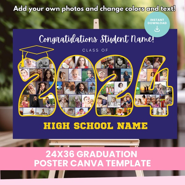 2024 Graduation Welcome Canva Grad Open House Sign 24x36 poster Template Class of 2024 Canva Frame Customizable Photo Collage 2024 Grad Sign