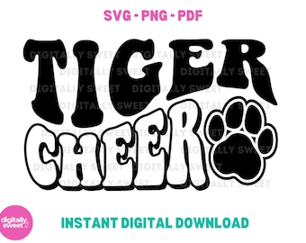 Pode incluir: Design gráfico preto e branco com o texto "Tiger Cheer" em uma fonte retrô. Uma pegada preta está à direita do texto.