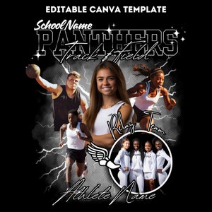 May include: Black and white graphic design featuring a track and field team. The design includes the words "School Name Panthers Track & Field Relay Team" and a photo of athletes.