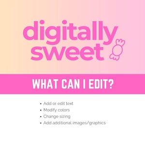 Puede incluir: Gr&aacute;fico rosa y blanco con las palabras "digitally sweet". Debajo, una pancarta rosa dice "WHAT CAN I EDIT?" con vi&ntilde;etas que enumeran opciones de edici&oacute;n: texto, colores, tama&ntilde;o y agregar im&aacute;genes.