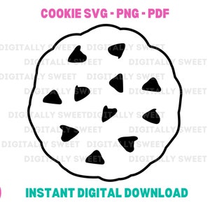 May include: Black and white line art illustration of a chocolate chip cookie. The cookie has a simple, hand-drawn style and is filled with chocolate chips.