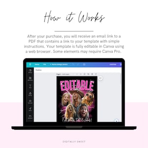 以下が含まれることがあります： ピンクと白の「EDITABLE」という文字が表示されたCanvaテンプレートが、黒いノートパソコンに表示されています。テンプレートには、稲妻のある5人の女性のグラフィックが描かれています。「Fast edits, texts & colors!」というテキストも表示されています。