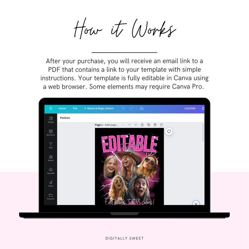 以下が含まれることがあります： ピンクと白の「EDITABLE」という文字が表示されたCanvaテンプレートが、黒いノートパソコンに表示されています。テンプレートには、稲妻のある5人の女性のグラフィックが描かれています。「Fast edits, texts & colors!」というテキストも表示されています。