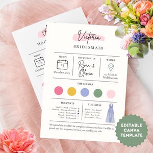 Cartão de informações para madrinhas editável modelo Canva vestidos azuis frente e verso tema anúncio você será meu cartão de informações de madrinha