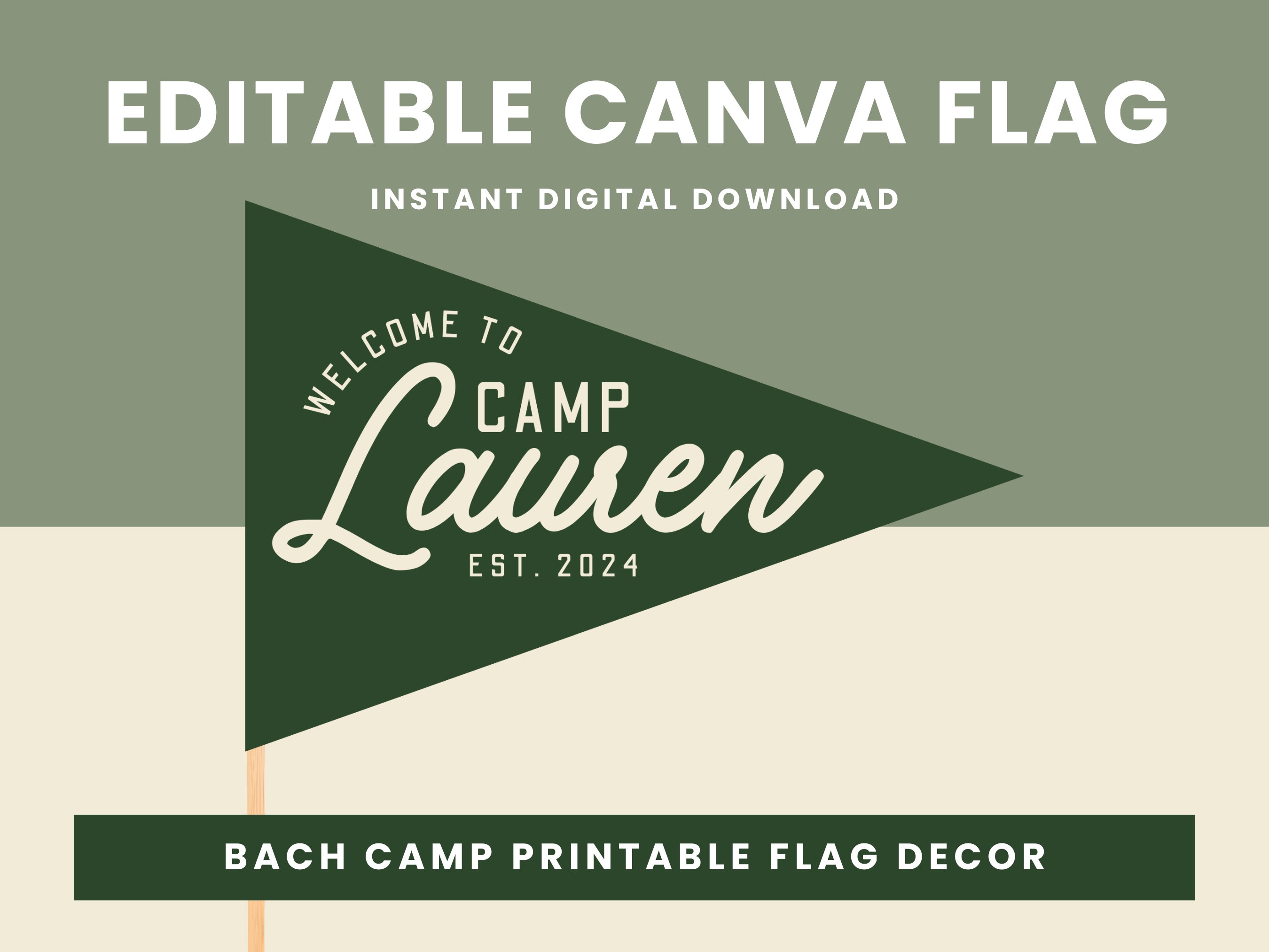 Sjabloon Bach kamp wimpel vlag bewerkbare bunting kamp Bach-logo vrijgezellenfeest kamp shirts bruid kamp naam thema thema Canva logo sjabloon