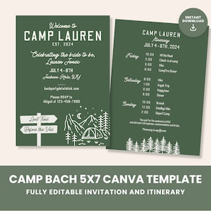 Bach Camp Canva Invitation Template Editable Camp Bach Invite and Itinerary for Glamping Bachelorette Weekend 5x7 Bache Camping Weekend