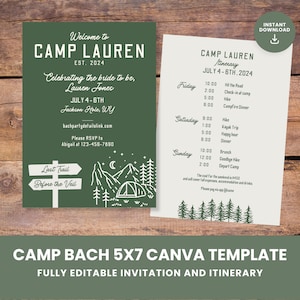 Bach Camp Canva Invitation Template Editable Camp Bach Invite and Itinerary for Glamping Bachelorette Weekend 5x7 Bache Camping Weekend