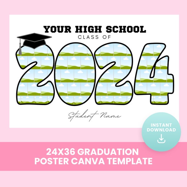 2024 Graduation Welcome Canva Grad Open House Sign 24x36 poster Template Class of 2024 Canva Frame Customizable Photo Collage 2024 Grad Sign