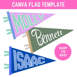 Op de afbeelding: Drie wimpelvaandels in pastelkleuren met de namen: Molly, Bennett en Isaac. De vlaggen zijn in tinten blauw, groen en paars. De tekst "CANVA FLAG TEMPLATE" staat bovenaan en een roze cirkel met "EASY TO EDIT" staat rechts.