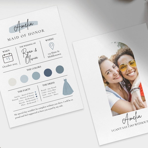 Bridesmaid Info Card Editable Canva Template Double Sided Blue Dresses Theme Announcement Will You Be My Bridesmaid Information Card