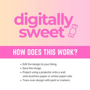 May include: Pink and white graphic with the text "digitally sweet" and a candy icon. Below, the text "HOW DOES THIS WORK?" is displayed, followed by instructions on how to use the design, including editing, saving, and tracing.