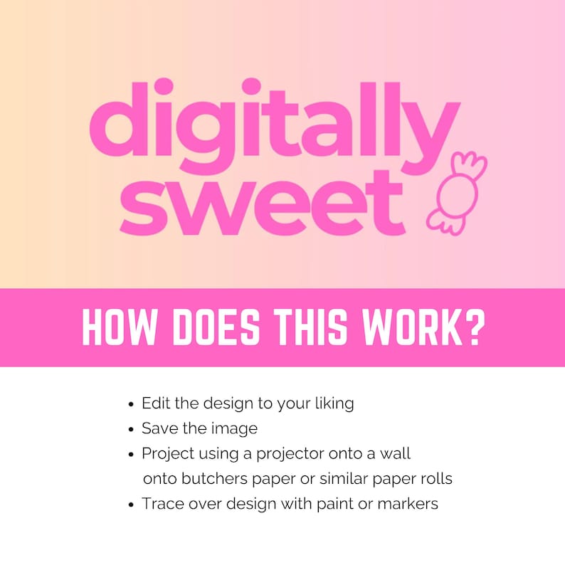 May include: Pink and white graphic with the text "digitally sweet" and a candy icon. Below, the text "HOW DOES THIS WORK?" is displayed, followed by instructions on how to use the design, including editing, saving, and tracing.