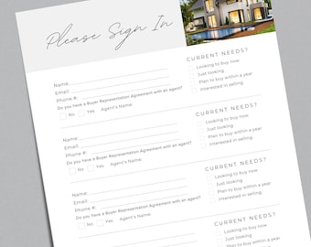 Hoja de registro de puertas abiertas Plantilla editable Información del agente inmobiliario Agente inmobiliario que muestra Iniciar sesión Lista para imprimir Hoja de registro del agente inmobiliario