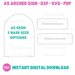 Könnte beinhalten: Ein digitaler Download für ein A5-Bogenschild mit zwei Basisgrößenoptionen. Das Schild ist eine weiße Umrandung auf grauem Hintergrund. Der Text "A5 SIGN 2 BASE SIZE OPTIONS" ist in Türkis.