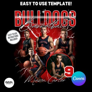 Op de afbeelding: Een zwarte en rode basketbalteamgrafiek met de tekst "Bulldogs Basketball" en "Mason Carter" in wit. De grafiek toont vijf basketbalspelers in hun uniformen, met één speler die in een cirkel wordt gemarkeerd. De grafiek bevat de tekst "Eenvoudig te gebruiken sjabloon!" en "Eenvoudige instructies inbegrepen!" in wit. De grafiek bevat ook de tekst "Canva" in een blauwe cirkel.