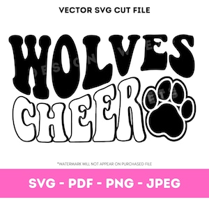 May include: Black and white graphic design featuring the text "WOLVES CHEER" in a retro font style. A black paw print is to the right of the text.