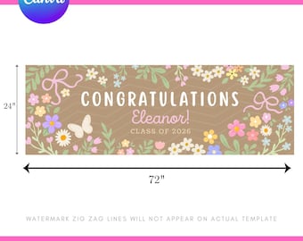 Graduation Floral Banner Canva Template DIY Painted Butcher Paper Editable 2x6 Customizable Mockup