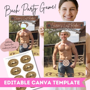 May include: A printable hen party game template featuring a cowboy with a target on his belt buckle. The game is called "Pin the Buckle on the Cowboy". The template is editable in Canva.