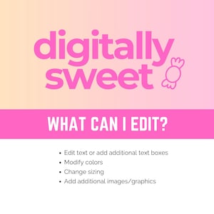 May include: A pink and white graphic with the text "digitally sweet" and "WHAT CAN I EDIT?". The image lists options to edit text, modify colors, change sizing, and add images/graphics.