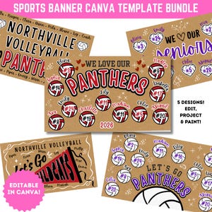 May include: A collection of sports banner templates for volleyball teams. The designs feature team names, player names, and volleyball graphics in red, black, and white on a kraft paper background. Text includes "We Love Our Panthers" and "Let's Go Wildcats".